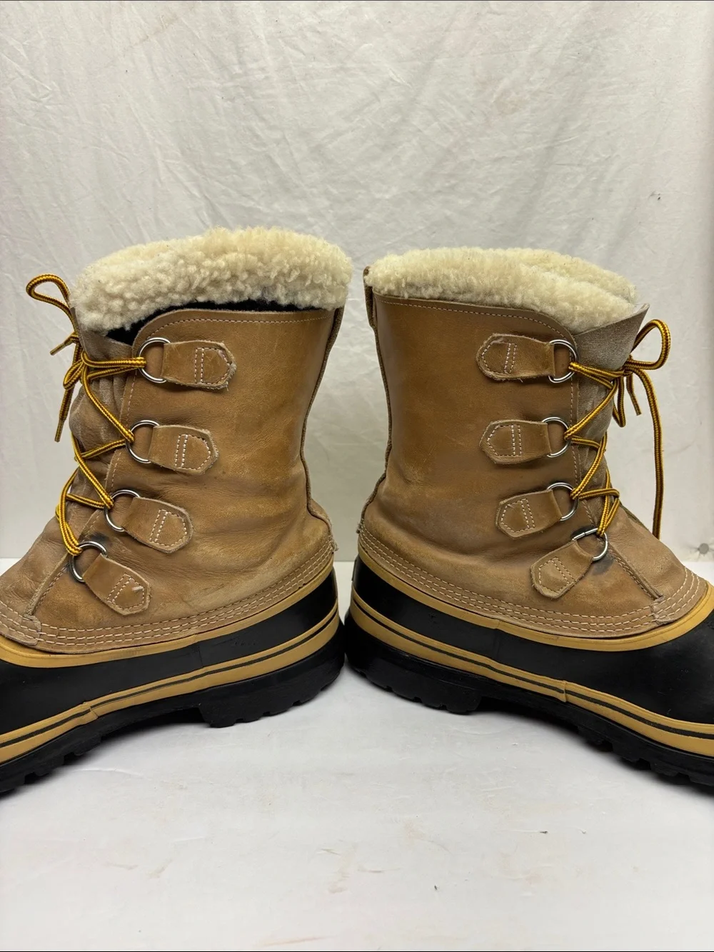 Sorel Caribou Shearling-Lined Waterproof Duck Boots in Tan & Black, SZ 13